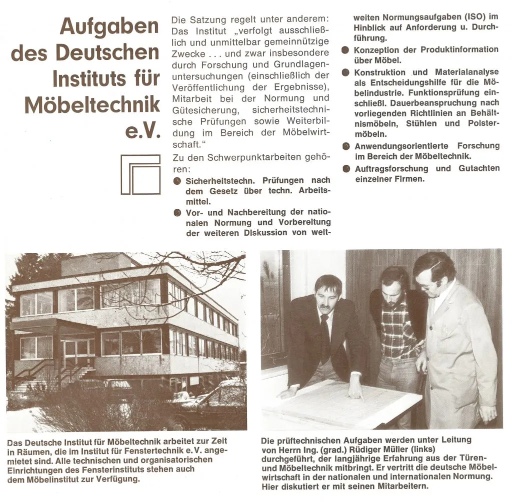 Historisches Dokument zu den Aufgaben des Instituts für Möbeltechnik e.V.